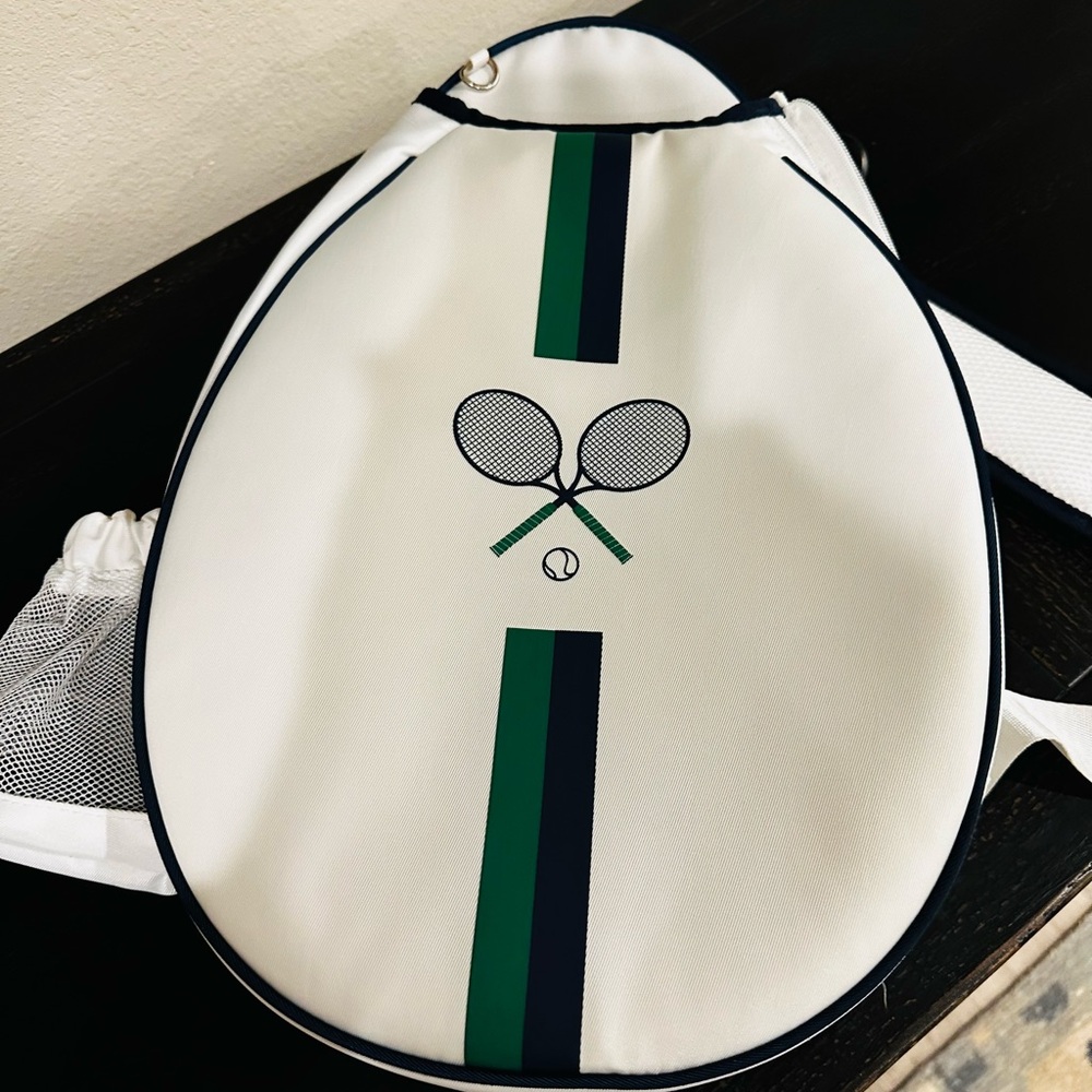 White Tennis Racket Backpack with Green and Black Stripes